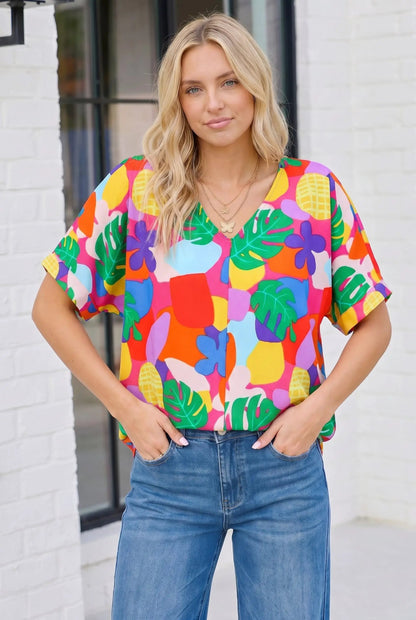 Tropical Pop Art V-Neck Top by Haptics