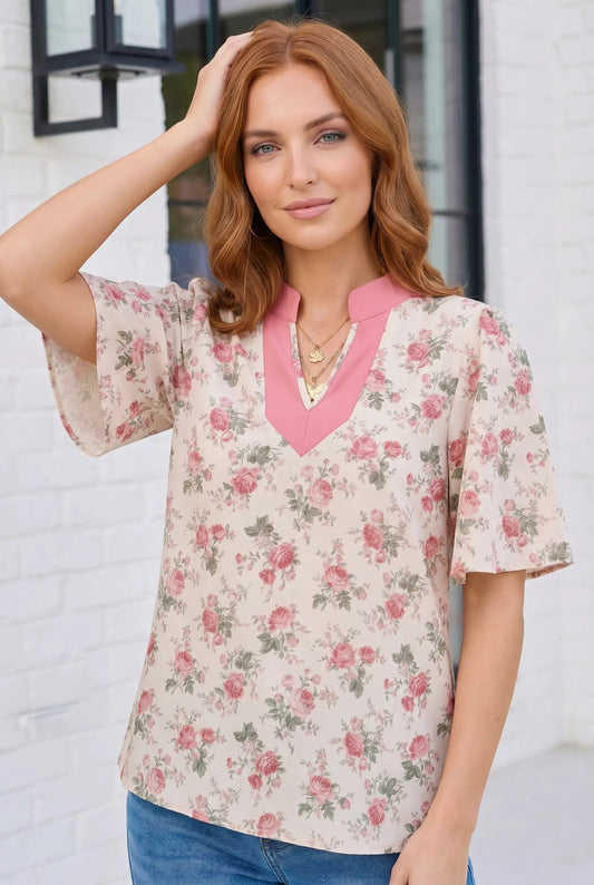 Rosy Garden Flutter Sleeve Blouse by Haptics