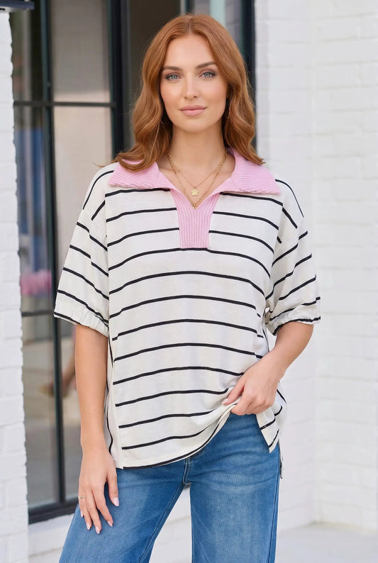 Stripe It Up Polo Tee in Ivory and Pink by Haptics