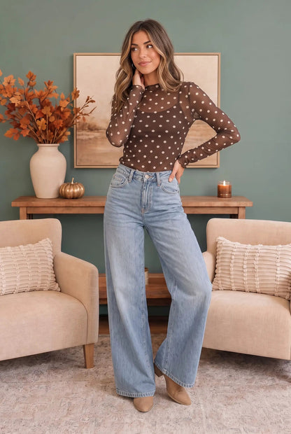 Dotted Dreams Sheer Mesh Mock Neck Top by Haptics