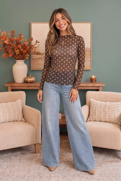 Dotted Dreams Sheer Mesh Mock Neck Top by Haptics