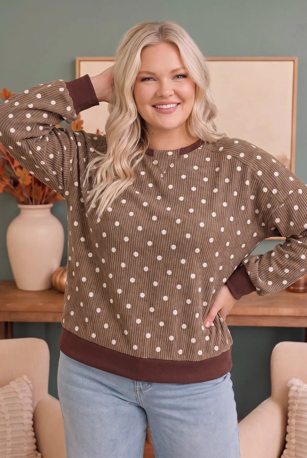 Cozy Dots Ribbed Pullover in Caramel by Haptics