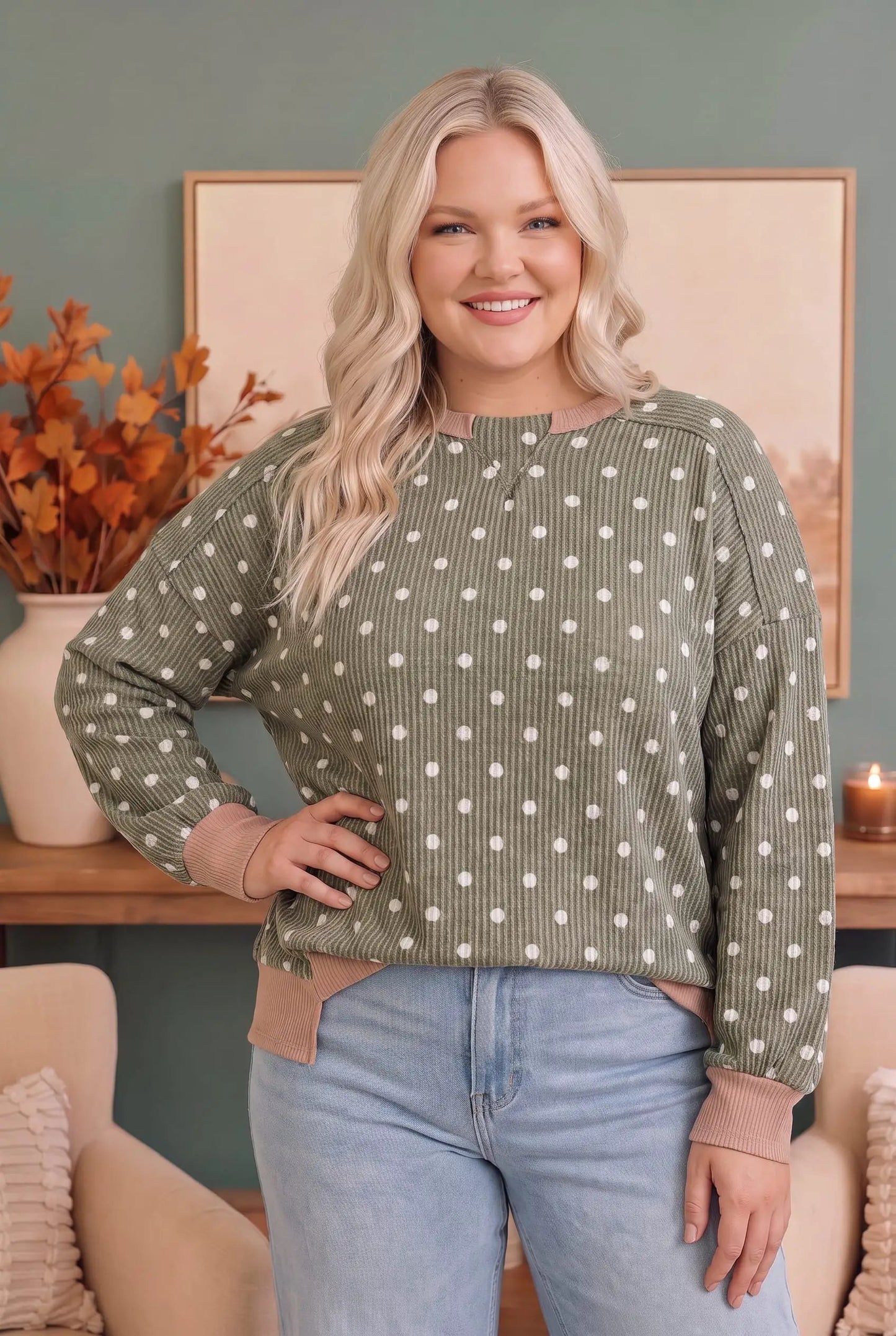 Cozy Dots Ribbed Pullover in Olive by Haptics