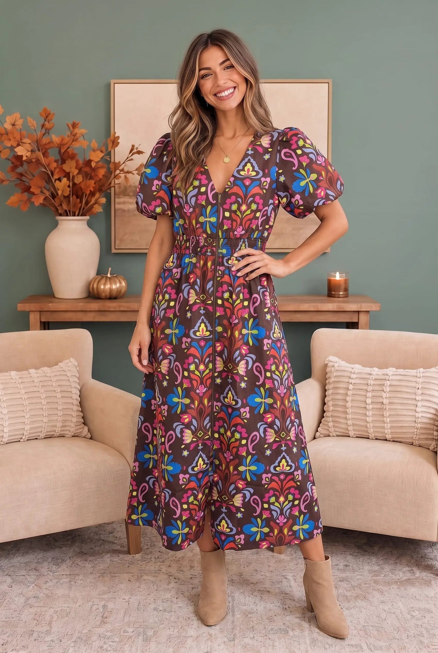 Groovy Garden Zip Front Floral Midi Dress by Fantastic Fawn