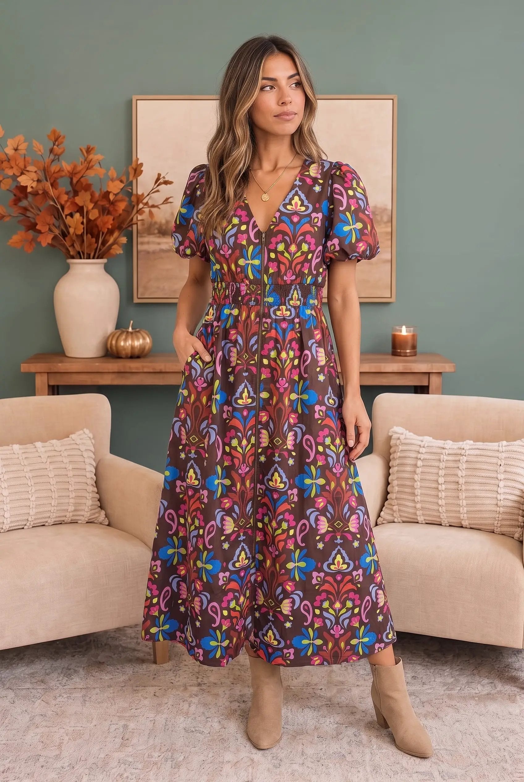 Groovy Garden Zip Front Floral Midi Dress by Fantastic Fawn