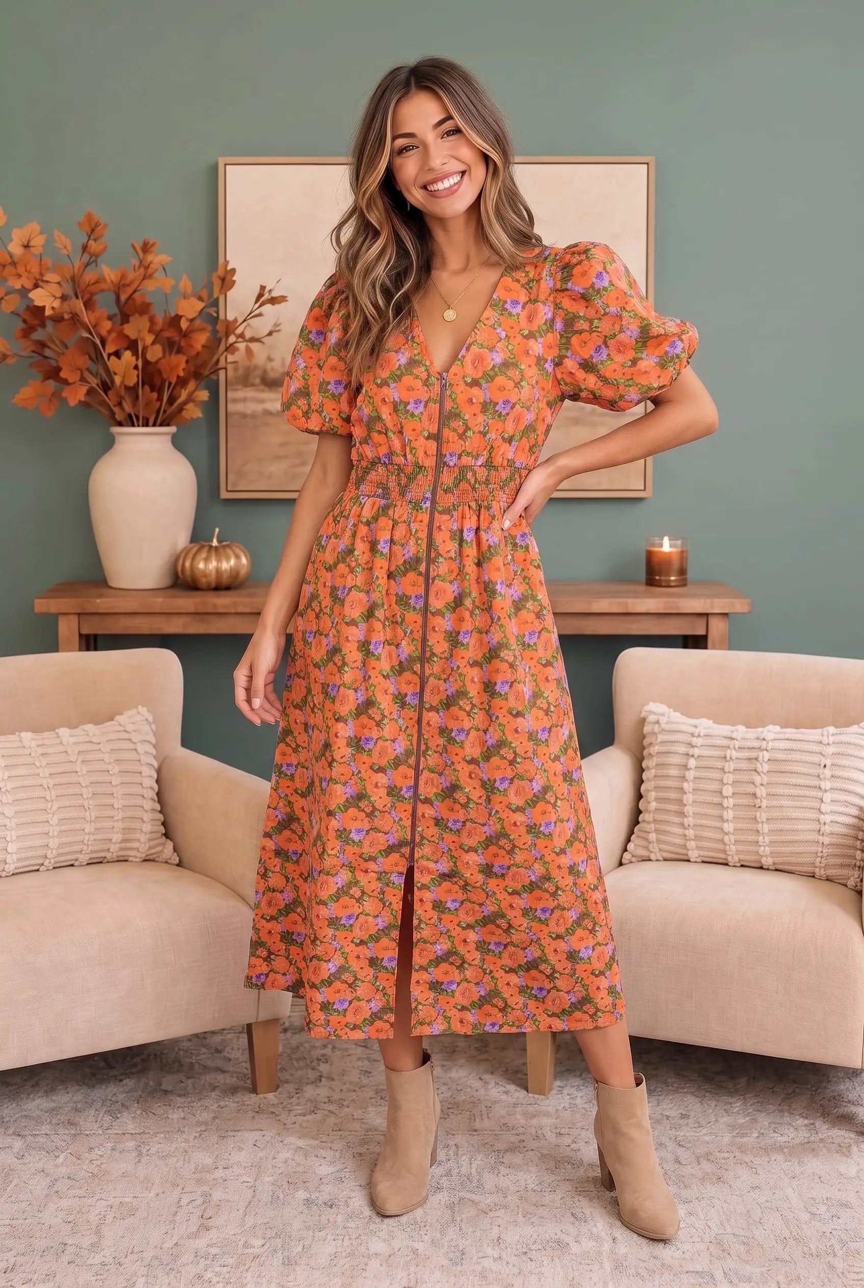 Bloom Into Fall Floral Cotton Zip Dress by Fantastic Fawn