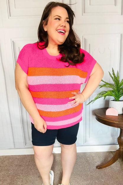 Feeling Bold Fuchsia & Orange Stripe Short Sleeve Dolman Sweater by Haptics