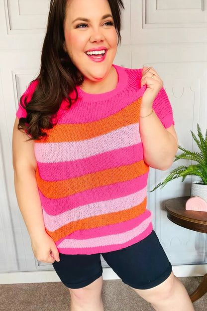 Feeling Bold Fuchsia & Orange Stripe Short Sleeve Dolman Sweater by Haptics