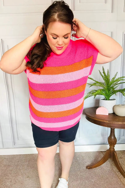 Feeling Bold Fuchsia & Orange Stripe Short Sleeve Dolman Sweater by Haptics