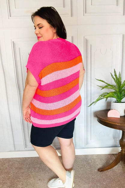 Feeling Bold Fuchsia & Orange Stripe Short Sleeve Dolman Sweater by Haptics