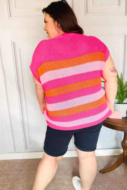 Feeling Bold Fuchsia & Orange Stripe Short Sleeve Dolman Sweater by Haptics