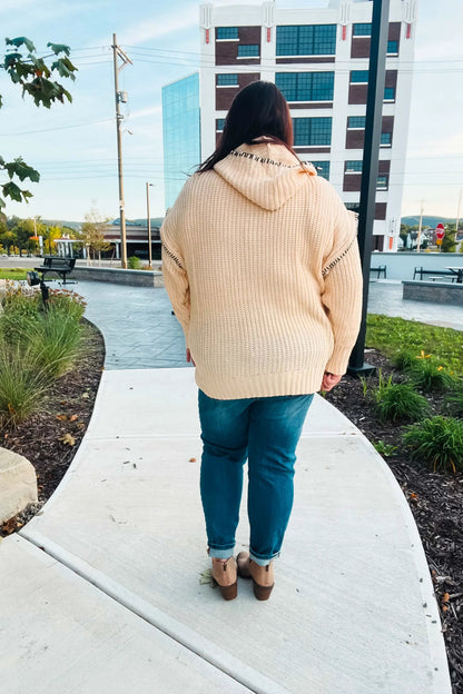 The Perfect Day Oatmeal Notched Neck Contrast Stitch Knit Hoodie by Haptics
