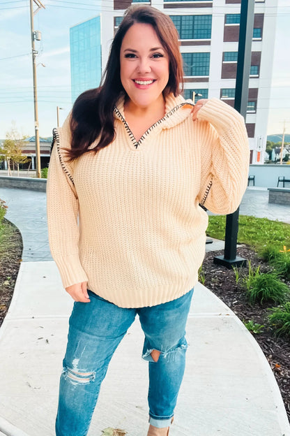 The Perfect Day Oatmeal Notched Neck Contrast Stitch Knit Hoodie by Haptics