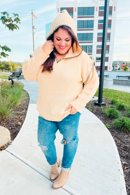 The Perfect Day Oatmeal Notched Neck Contrast Stitch Knit Hoodie by Haptics