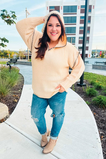 The Perfect Day Oatmeal Notched Neck Contrast Stitch Knit Hoodie by Haptics