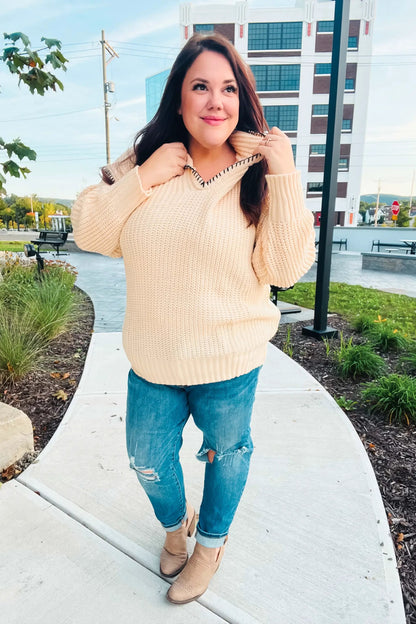 The Perfect Day Oatmeal Notched Neck Contrast Stitch Knit Hoodie by Haptics