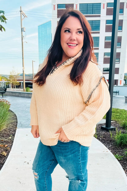 The Perfect Day Oatmeal Notched Neck Contrast Stitch Knit Hoodie by Haptics