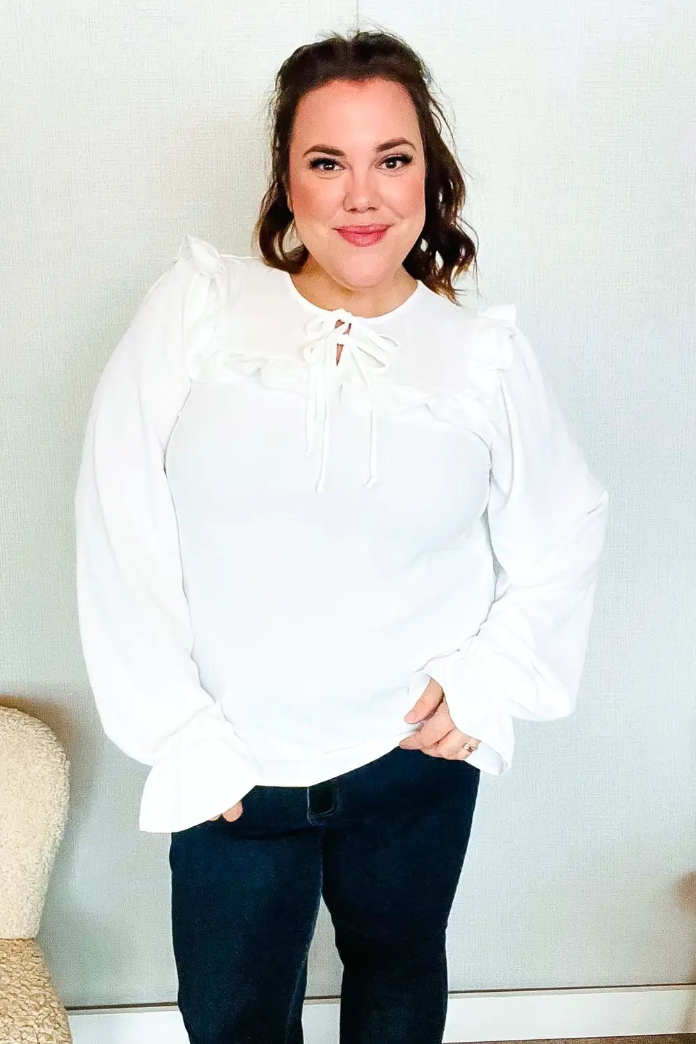 Eyes On You Ivory Ribbon Tie Bow Square Neck Ruffle Bubble Sleeve Blouse by Haptics