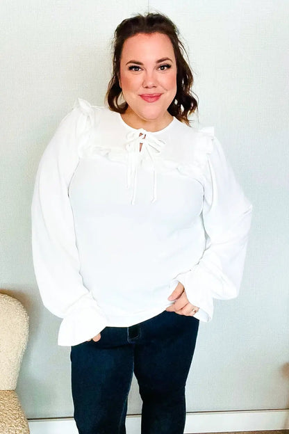 Eyes On You Ivory Ribbon Tie Bow Square Neck Ruffle Bubble Sleeve Blouse by Haptics