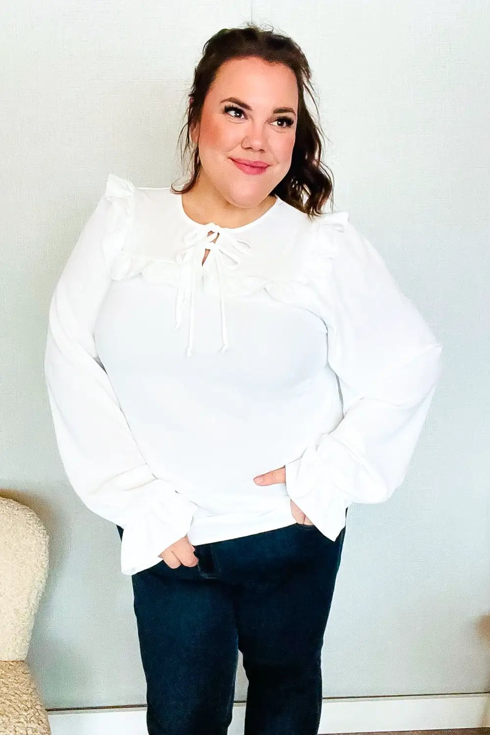 Eyes On You Ivory Ribbon Tie Bow Square Neck Ruffle Bubble Sleeve Blouse by Haptics