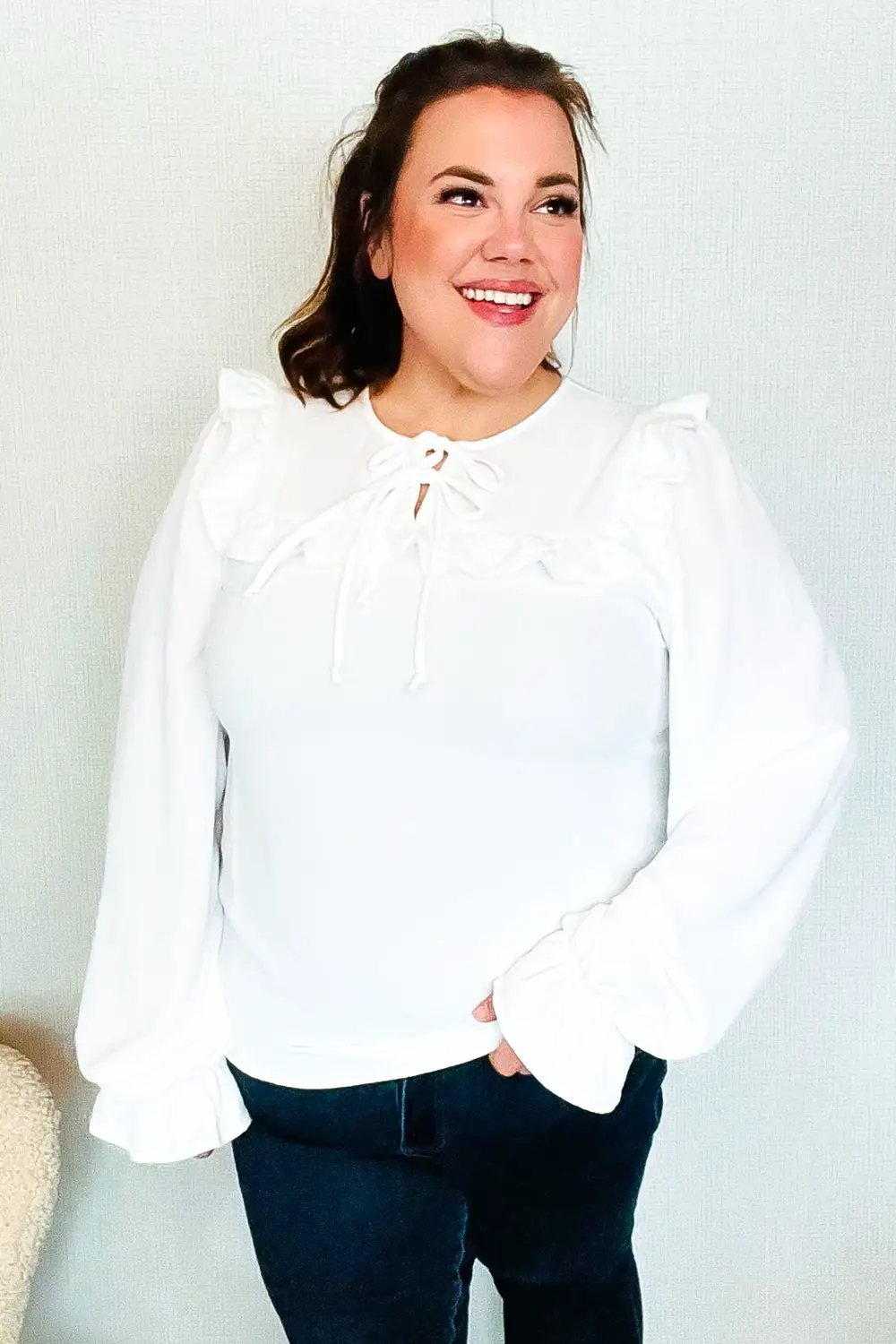 Eyes On You Ivory Ribbon Tie Bow Square Neck Ruffle Bubble Sleeve Blouse by Haptics