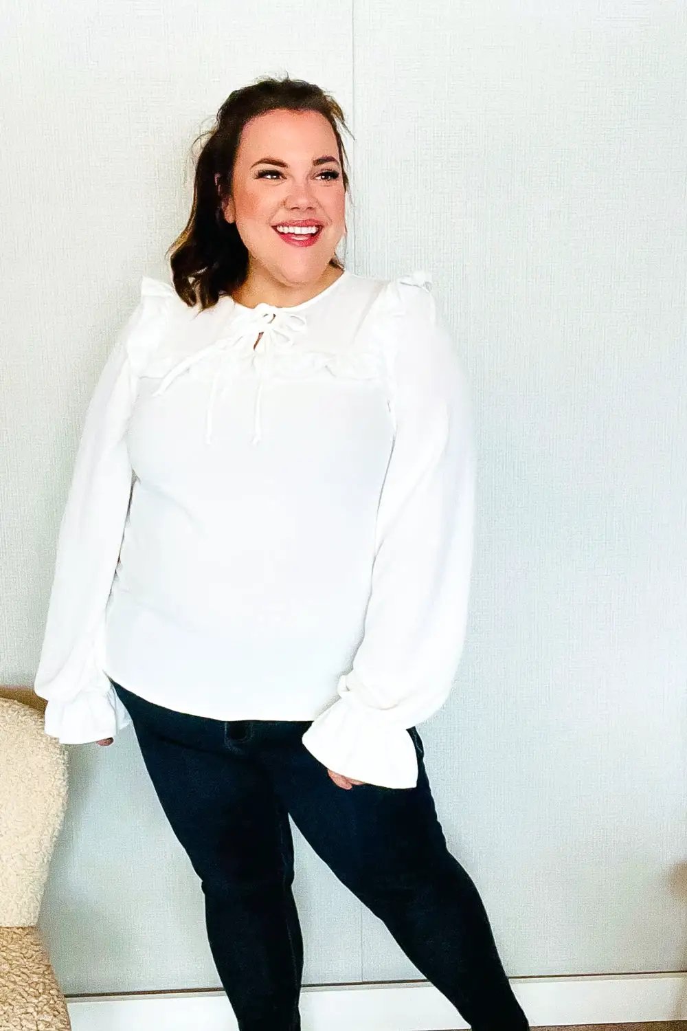 Eyes On You Ivory Ribbon Tie Bow Square Neck Ruffle Bubble Sleeve Blouse by Haptics