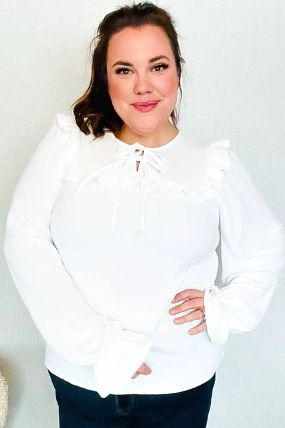 Ivory Ribbon Tie Square Neck Ruffle Bubble Blouse