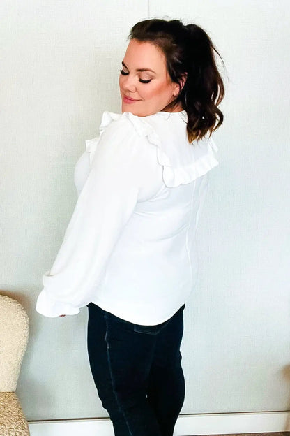 Eyes On You Ivory Ribbon Tie Bow Square Neck Ruffle Bubble Sleeve Blouse by Haptics