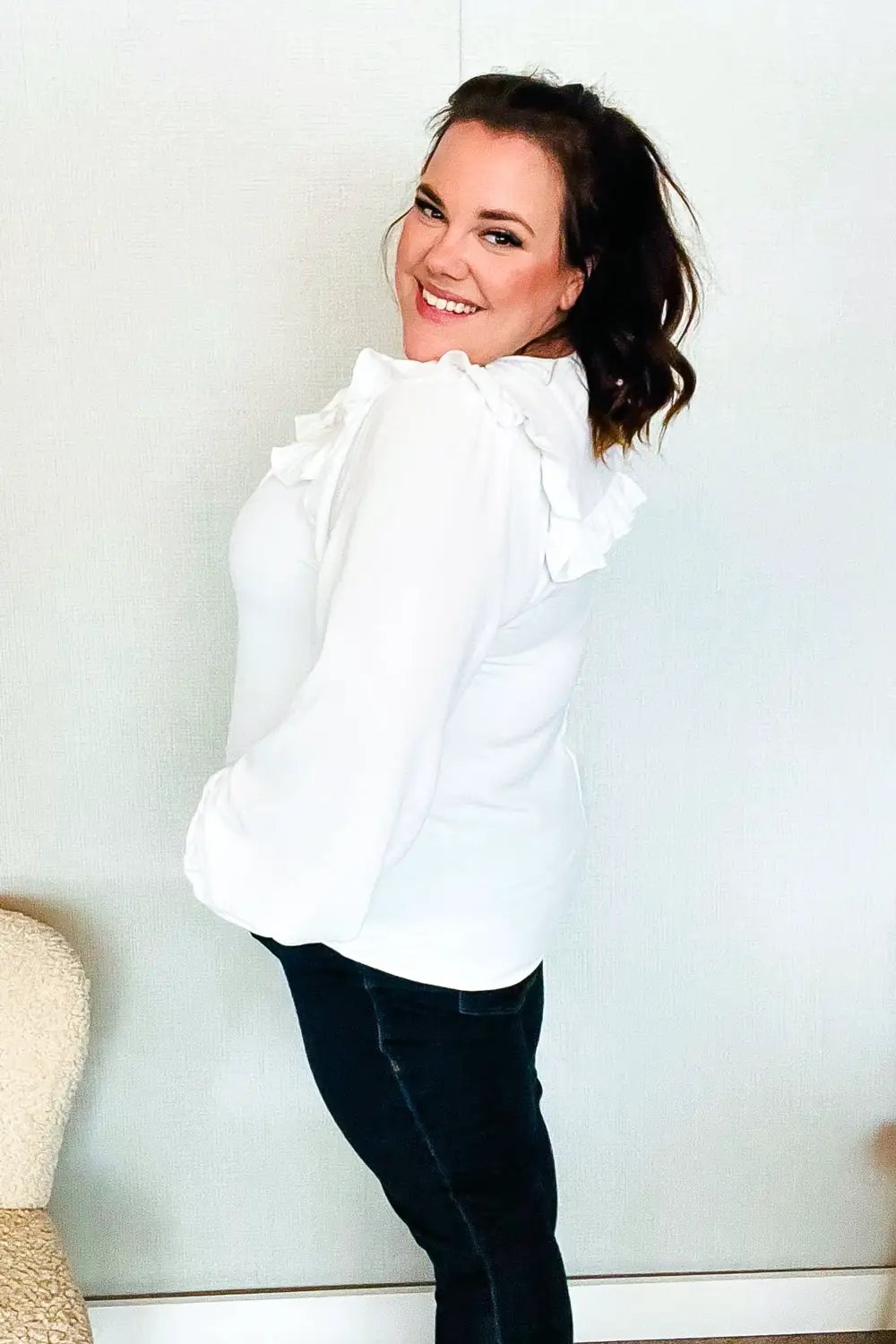 Eyes On You Ivory Ribbon Tie Bow Square Neck Ruffle Bubble Sleeve Blouse by Haptics