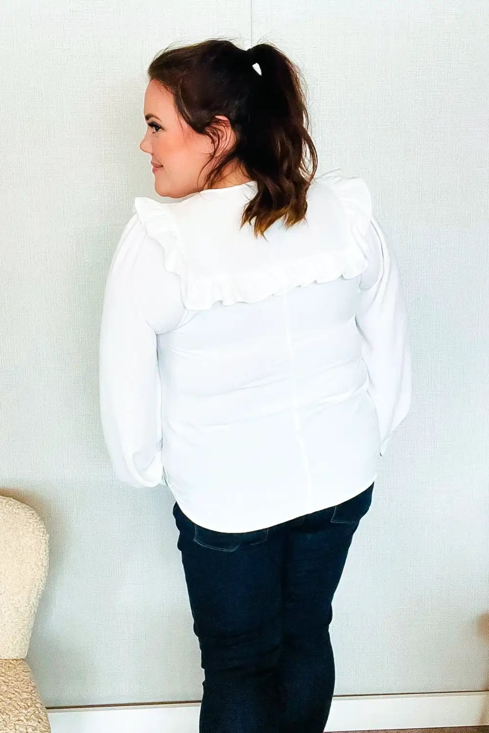 Eyes On You Ivory Ribbon Tie Bow Square Neck Ruffle Bubble Sleeve Blouse by Haptics