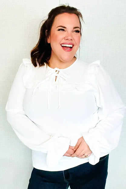Eyes On You Ivory Ribbon Tie Bow Square Neck Ruffle Bubble Sleeve Blouse by Haptics