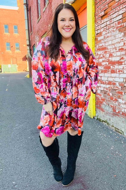 Diva Dreams Coral & Charcoal Floral Tie Neck Pintuck Satin Dress by Haptics