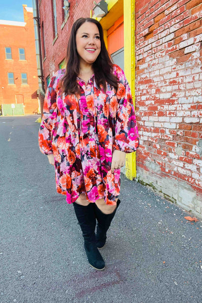 Diva Dreams Coral & Charcoal Floral Tie Neck Pintuck Satin Dress by Haptics