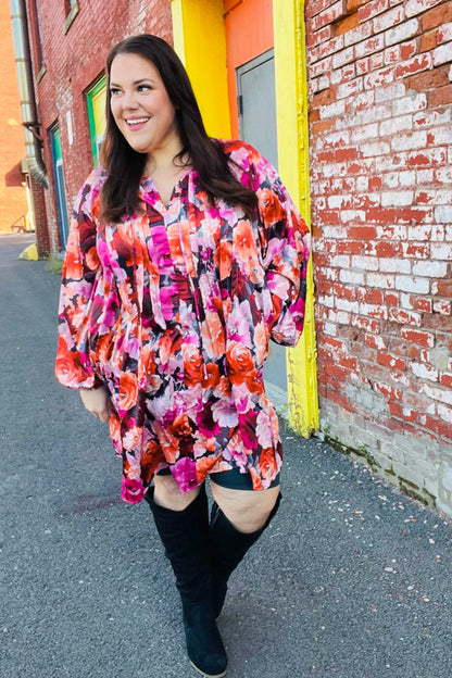 Diva Dreams Coral & Charcoal Floral Tie Neck Pintuck Satin Dress by Haptics