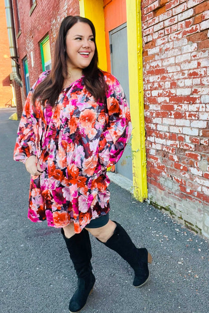 Coral Floral Tie Neck Pintuck Satin Dress With Pockets