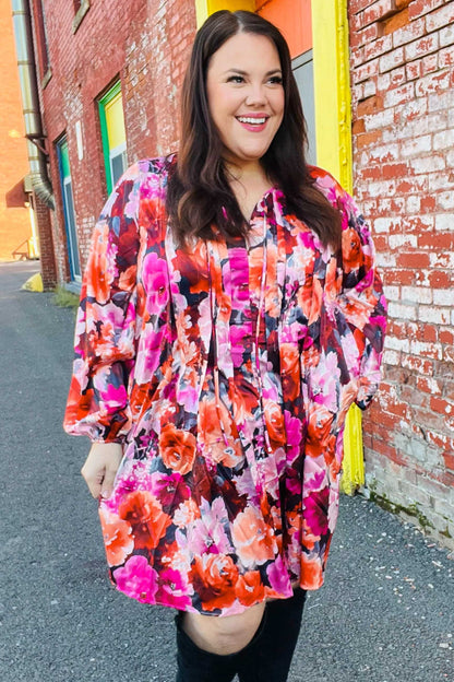 Diva Dreams Coral & Charcoal Floral Tie Neck Pintuck Satin Dress by Haptics