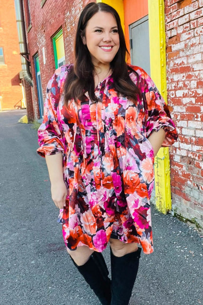 Diva Dreams Coral & Charcoal Floral Tie Neck Pintuck Satin Dress by Haptics