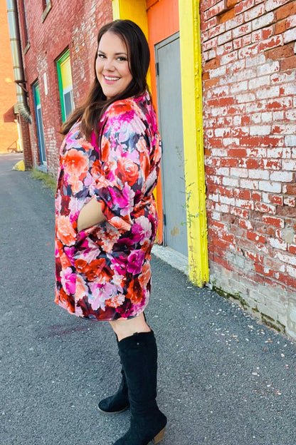 Diva Dreams Coral & Charcoal Floral Tie Neck Pintuck Satin Dress by Haptics