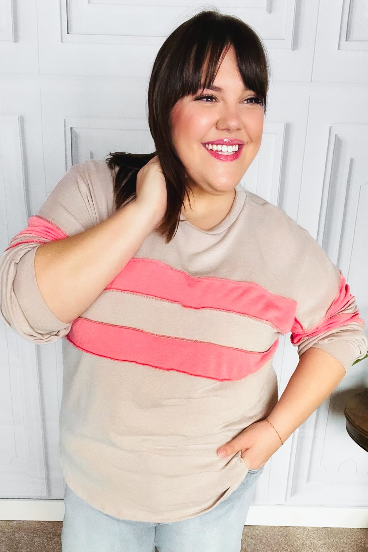 Rally Day Taupe & Coral Game Day Stripe Outseam Terry Top