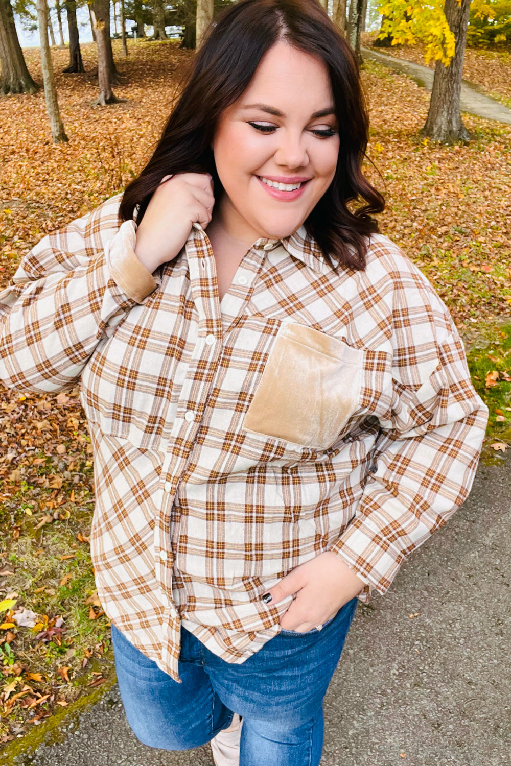 Taupe Plaid Velvet Pocket Button Down Top