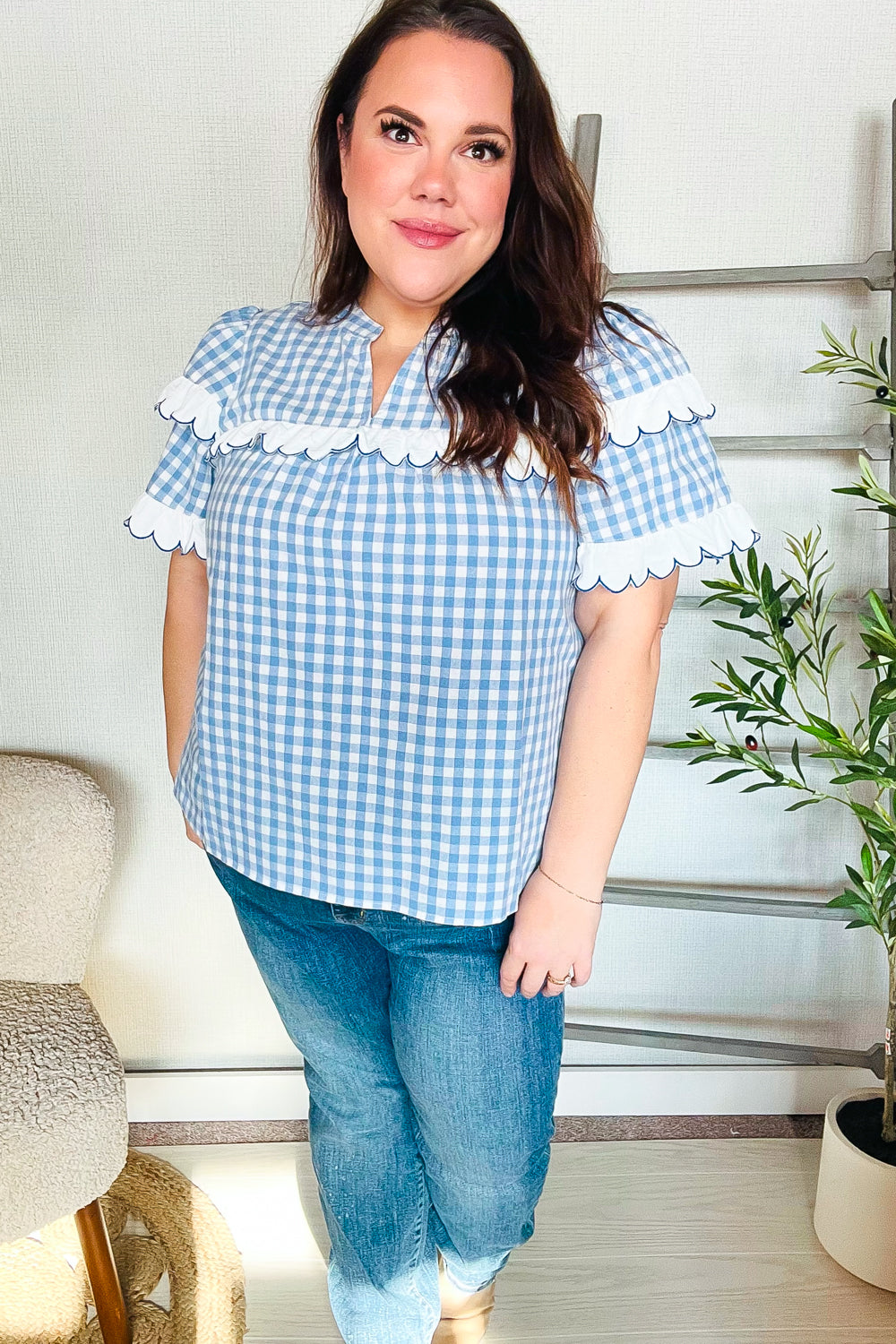 Lost In Love Cotton Blue Gingham Shirred Mock Neck Top