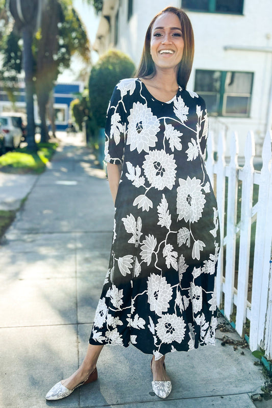 Hello Beautiful Black Puff Print Floral Elastic Short Sleeve Maxi Dress