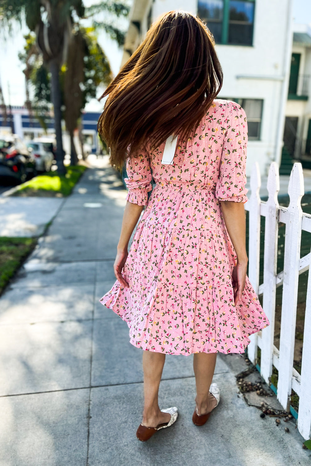 Feeling Femme Pink Ditzy Floral V Neck Tiered Lined Dress