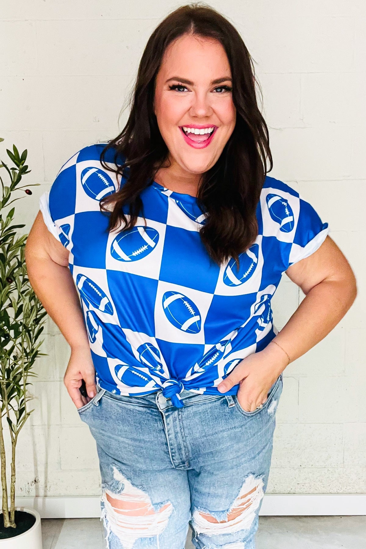 Turn Up The Volume Blue Football Checker Print Top