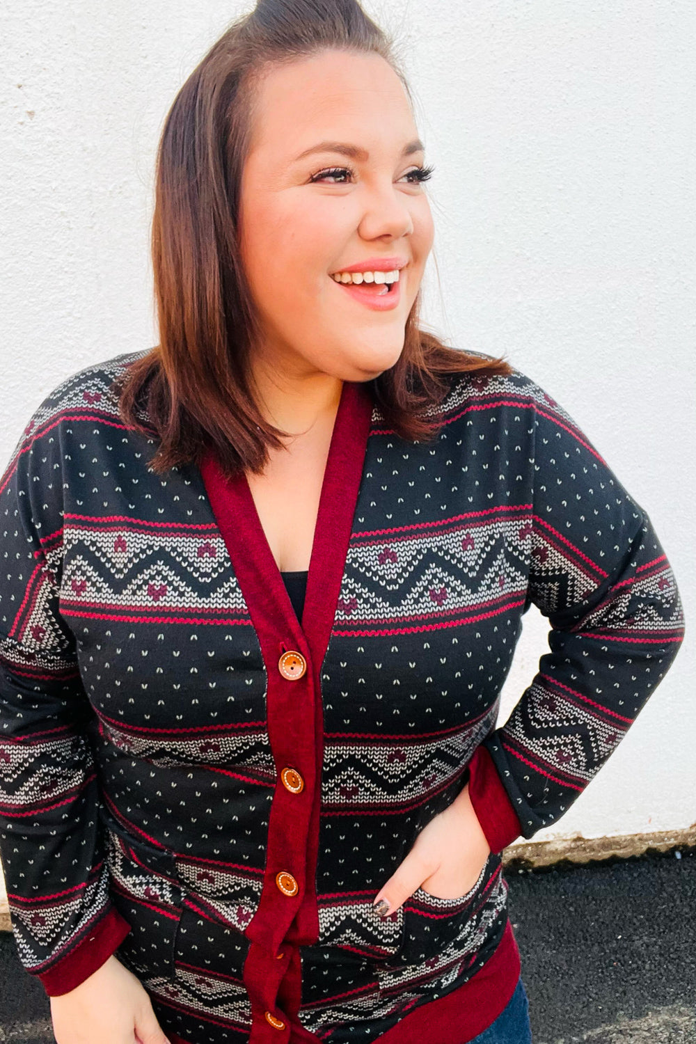 Classic Burgundy Holiday Print Button Cardigan