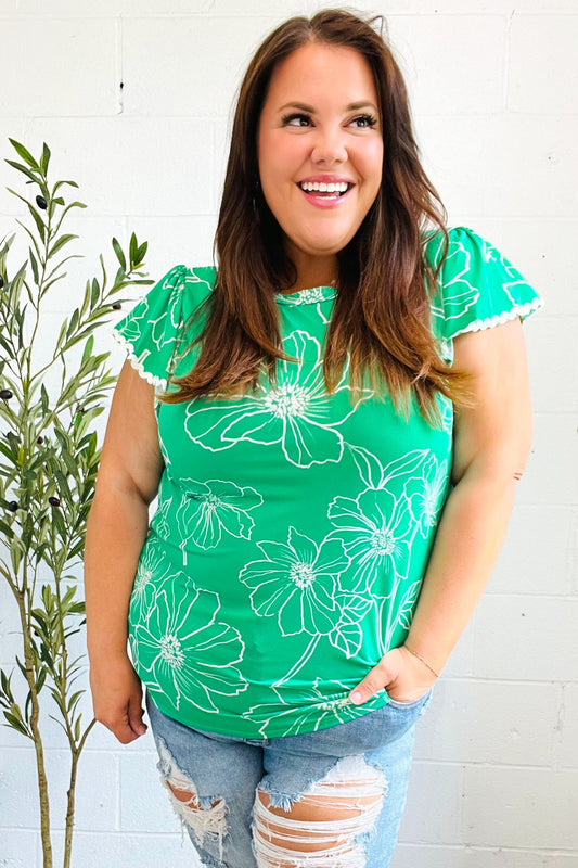 Follow Me Emerald Floral Ric Rac Trim Flutter Sleeve Top