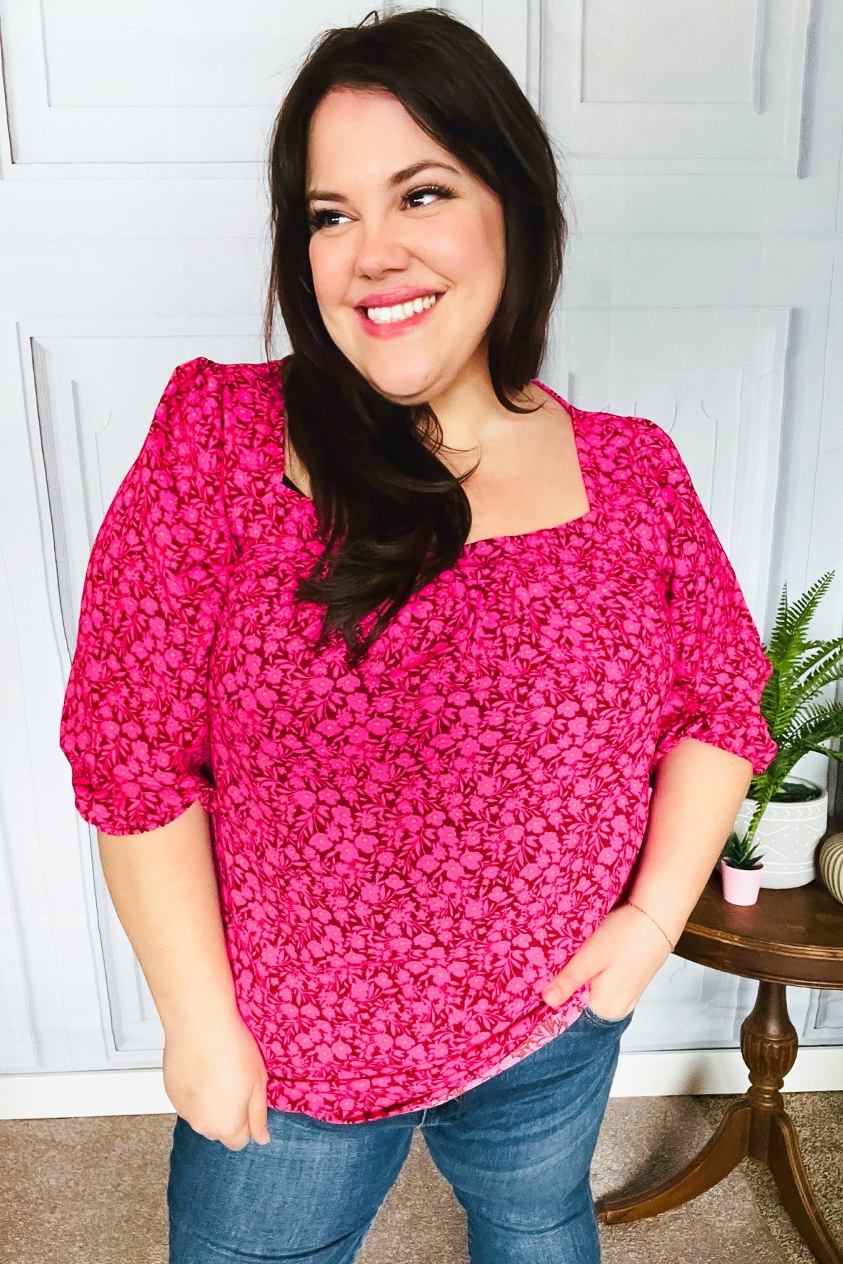 Perfectly You Fuchsia Floral Three Quarter Sleeve Square Neck Top