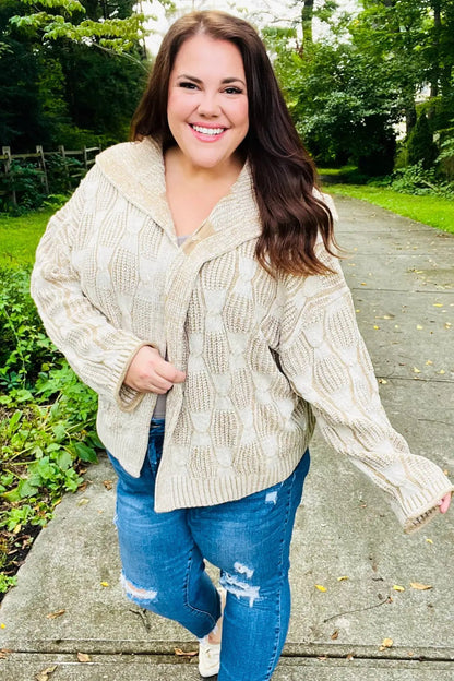 Autumn Vibes Taupe Textured Cable Knit Collared Cardigan by Haptics