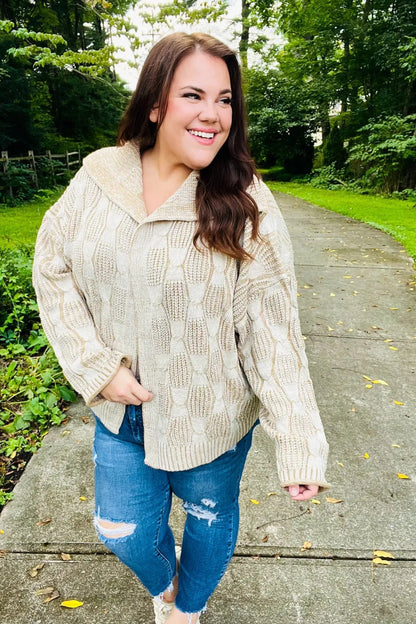 Autumn Vibes Taupe Textured Cable Knit Collared Cardigan by Haptics