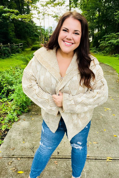 Autumn Vibes Taupe Textured Cable Knit Collared Cardigan by Haptics